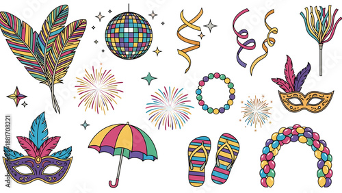 A vibrant illustration of Mardi Gras party icons and symbols on a
