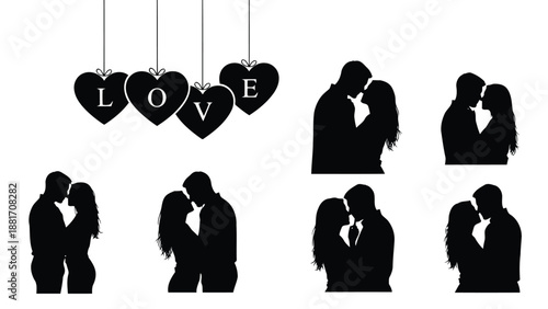 Silhouetted couples embracing and hearts spell love creating a romantic and visually striking black and white design