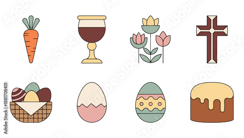 A colorful Easter-themed vector graphic illustration featuring various icons and symbols