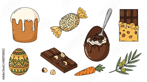 A colorful Easter-themed vector graphic illustration featuring various festive icons and symbols