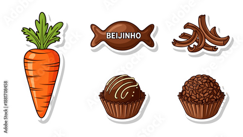 A colorful vector graphic illustration of various sweet treats and a carrot on a