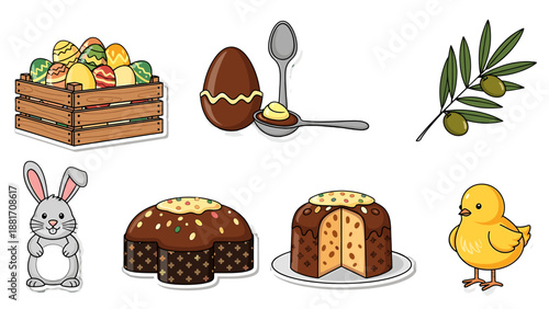 A colorful Easter-themed vector graphic featuring a basket of eggs, chocolate cake, and springtime symbols