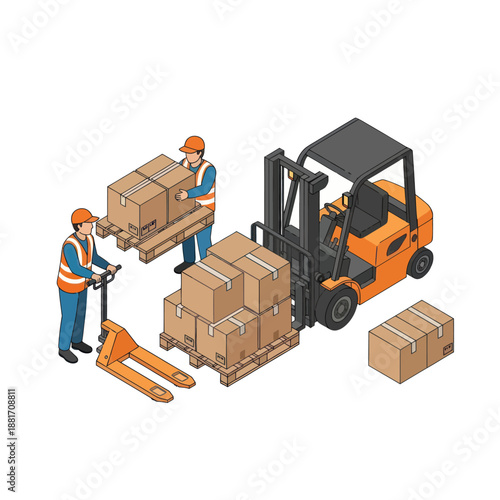 Warehouse Workers Operating Forklift and Pallet Jack.
