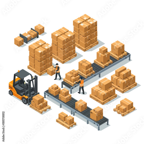 Warehouse Workers Managing Cardboard Boxes on Conveyor Belt.