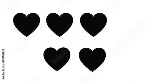 A simple depiction of six black heart shapes arranged on a plain white background symbolizing affection