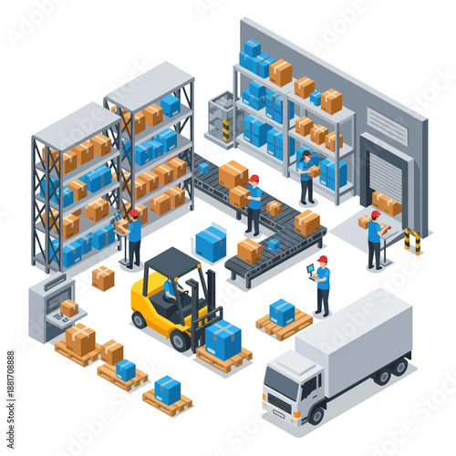 Warehouse Workers Managing Inventory with Forklift.