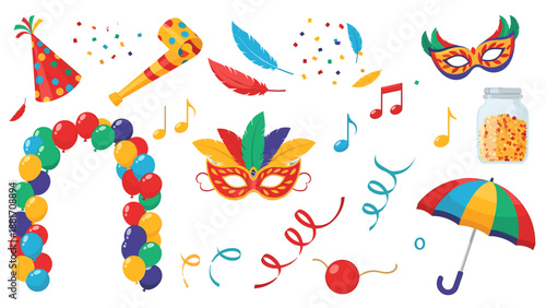 A colorful illustration of Mardi Gras party elements on a