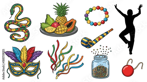 A vibrant and colorful illustration of various Mardi Gras symbols and icons on a