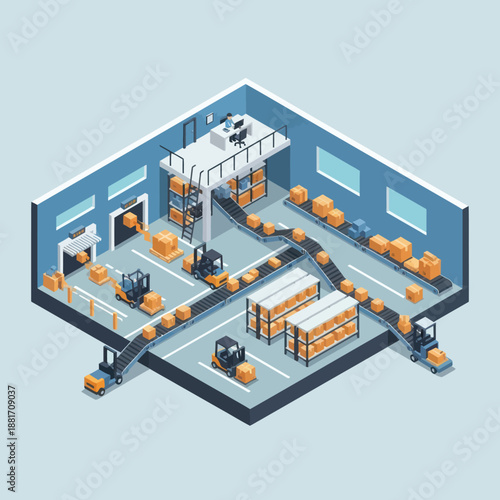 Isometric Warehouse with Forklifts and Inventory.