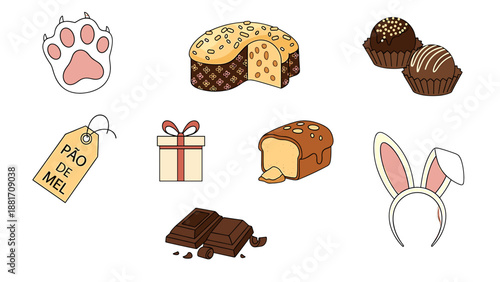 A set of cute Easter icons and treats in a flat vector graphic design