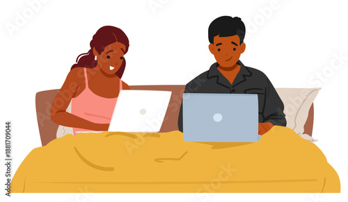 Man woman couple using laptop browsing internet and social media sitting side-by-side in home bed