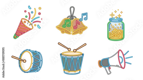 A colorful vector illustration of various party objects and musical instruments on a