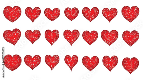 a collection of red hearts with white spots on a plain white background arranged in rows