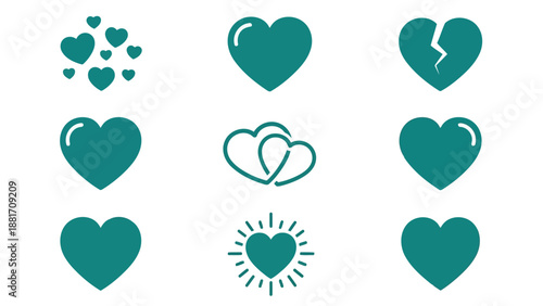 A collection of teal heart icons depicting love connection and emotional states in various designs