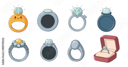 Collection of decorative rings with diamonds vector illustration