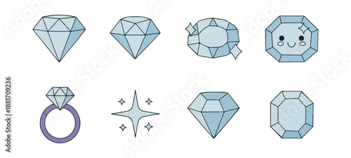 Collection of diamond illustrations and designs with various shapes and ring