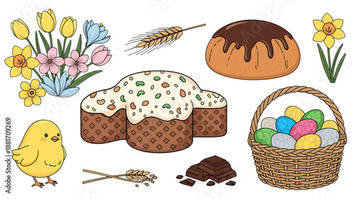 A colorful Easter-themed vector illustration featuring various festive icons and symbols