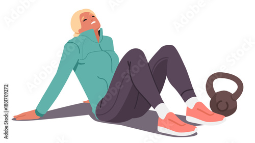 Tired woman cartoon character resting after hard workout exercise with weights isolated on white