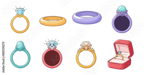 Collection of elegant diamond rings for jewelry and celebration concepts