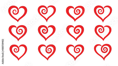 A collection of vibrant red heart shapes with swirling designs displayed in a neat organized grid arrangement