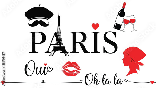 A charming parisian illustration featuring iconic symbols like the eiffel tower wine glasses and romantic expressions