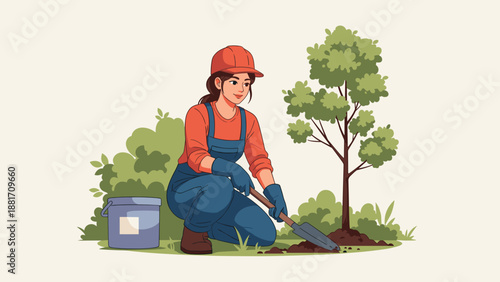Female gardener planting sapling in green outdoor setting illustration