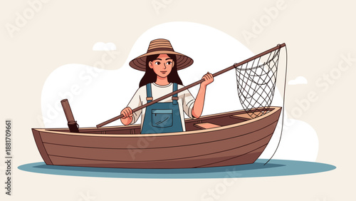Woman fishing with net from small boat illustration