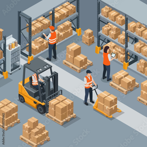 Warehouse Workers Managing Inventory with Forklift.