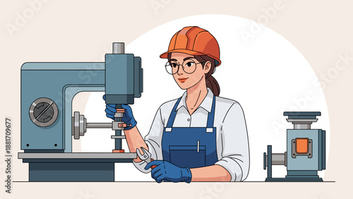 Female industrial worker operating drilling machine in factory illustration