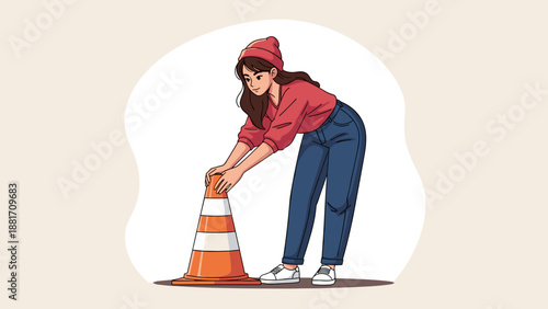 Female road worker placing traffic cone for safety illustration
