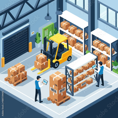Warehouse Workers Managing Inventory with Forklift.