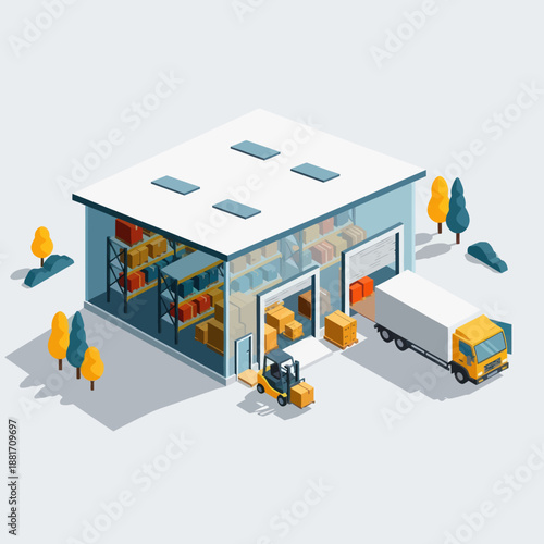 Warehouse with Forklift and Delivery Truck.