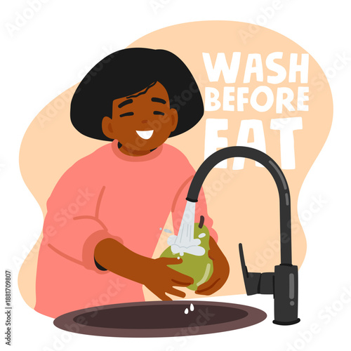 Preteen girl standing at kitchen sink, carefully washing fresh green pear fruit under running water