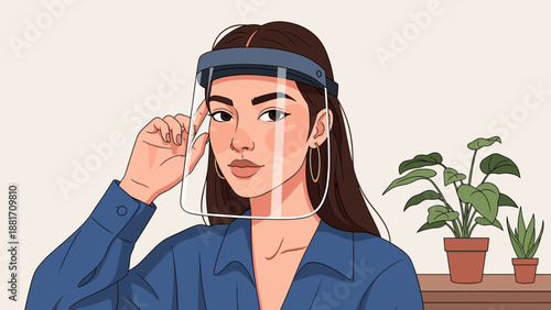 Woman wearing protective face shield at workplace illustration