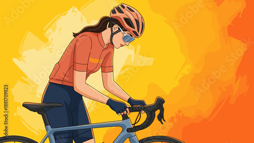 Female cyclist riding bicycle with speed and motion illustration
