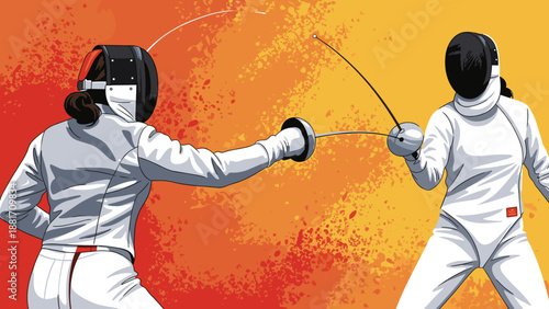 Fencers competing in fencing duel sports illustration