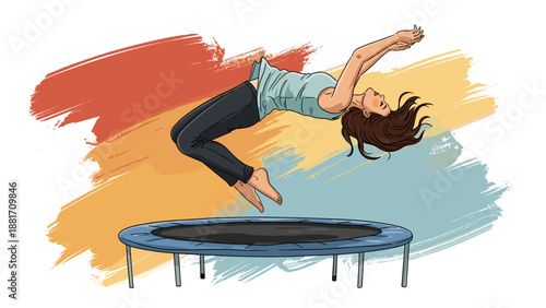 Female athlete jumping on trampoline in dynamic motion illustration