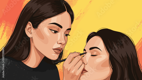 Woman applying makeup to another woman beauty illustration