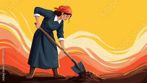 Female gardener digging soil with hoe outdoors illustration