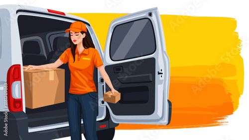 Female delivery worker unloading package from van illustration