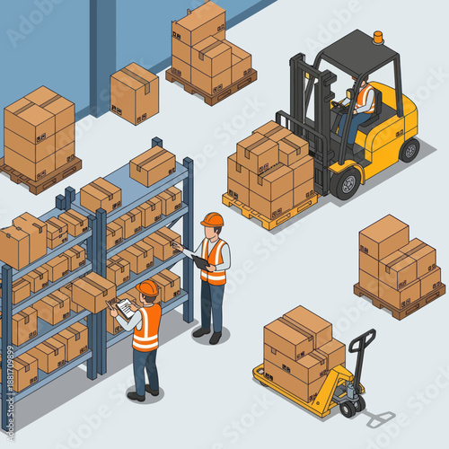 Warehouse Workers Managing Inventory with Forklift.