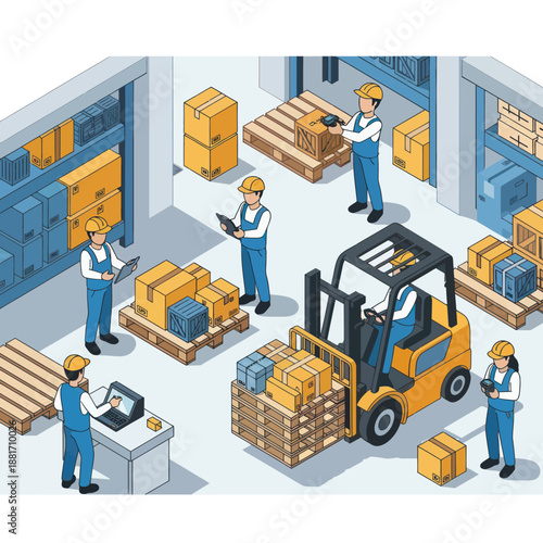 Warehouse Workers Operating Forklift and Handling Boxes.