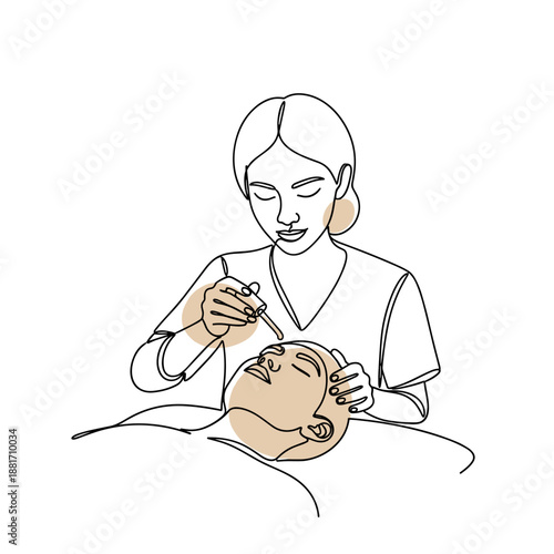 Female cosmetologist performing facial treatment line art illustration