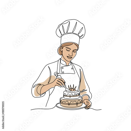 Female pastry chef decorating cake minimalist line art illustration