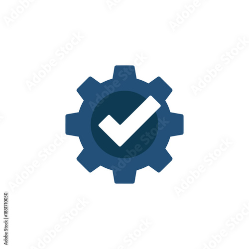 Blue gear icon with white check mark inside isolated on transparent background