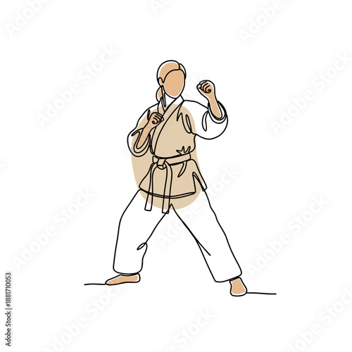 Female martial artist practicing fighting stance line art illustration