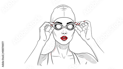Woman adjusting swimming goggles minimalist line art illustration