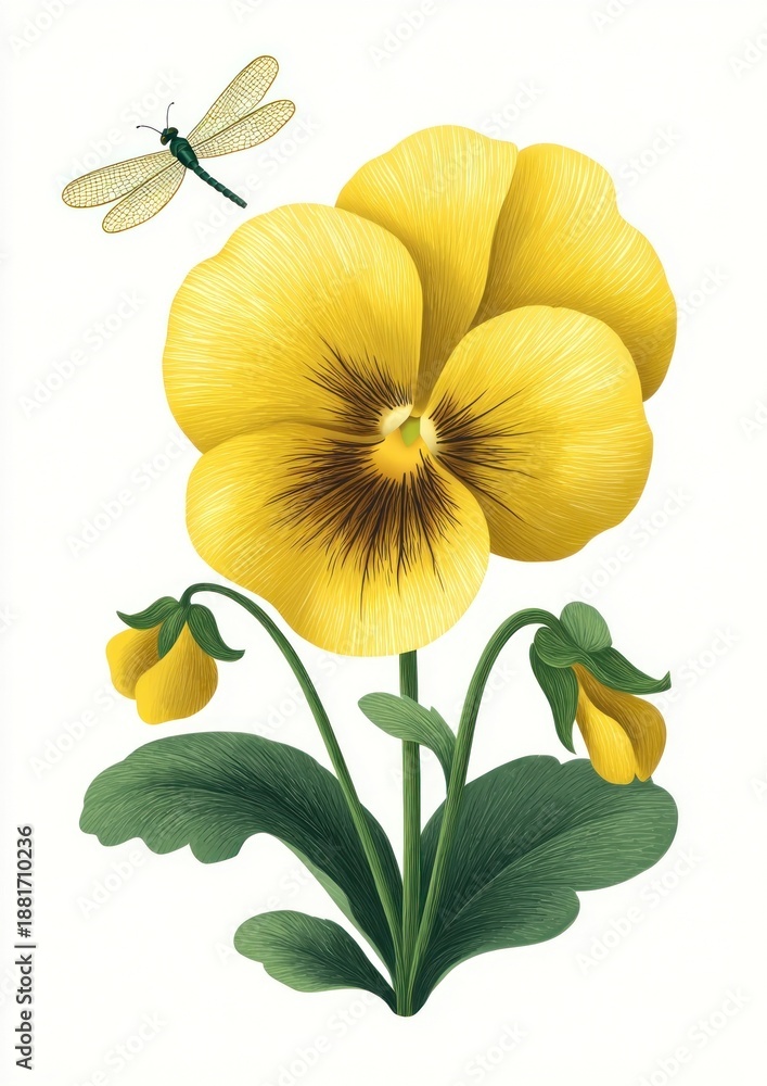 Naklejka premium Yellow pansy flower illustration dragonfly botanical.