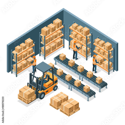Warehouse Scene with Forklift and Workers.