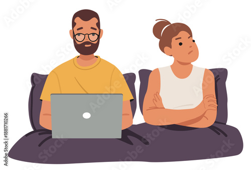 Irritated wife sitting in bed looking away with frowning expression while husband absorbed in laptop